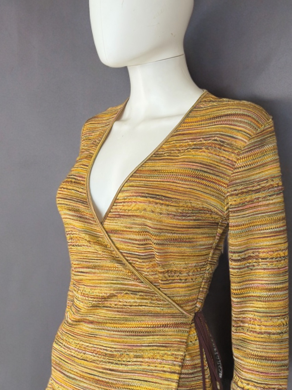 Lord & Taylor Marled Mustard Yellow Wrap-Style Long Sleeve Dress